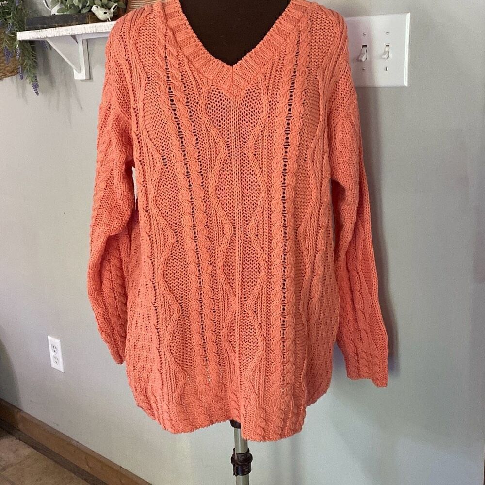 Aran Crafts cable knit fisherman sweater women’s size large peach color crewneck